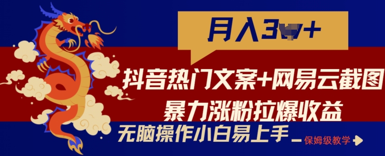 抖音熱門文案+網(wǎng)易云截圖暴力漲粉拉爆收益玩法，小白無腦操作，簡單易上手【揭秘】