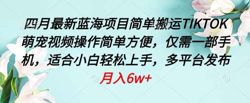 四月最新藍海項目，簡單搬運TIKTOK萌寵視頻，操作簡單方便，僅需一部手機【揭秘】
