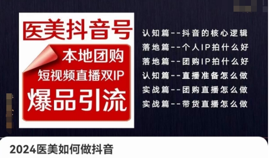 2024醫美如何做抖音醫美抖音號，本地團購、短視頻直播雙ip爆品引流，實操落地課