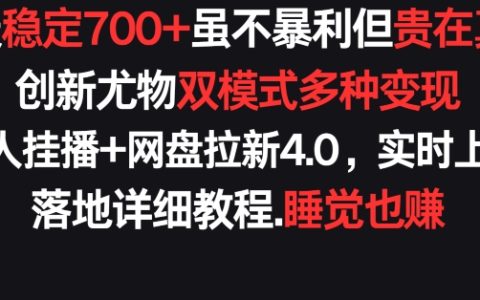 每日穩定收益700+，真實可靠，創新雙模式多渠道變現，快手無人掛播與網盤拉新4.0策略