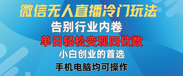 微信無(wú)人直播冷門(mén)玩法，告別行業(yè)內(nèi)卷，單日輕松變現(xiàn)四位數(shù)，小白的創(chuàng)業(yè)首選【揭秘】