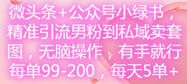 微頭條+公眾號小綠書，精準引流男粉到私域賣套圖，無腦操作，有手就行，每單99-200，每天5單