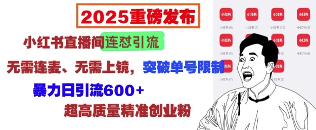2025重磅發布：小紅書直播間連懟引流，無需連麥、無需上鏡，突破單號限制，暴力日引流600+