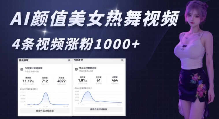 AI顏值美女熱舞視頻，4條視頻漲粉1000+，實測6分鐘一條