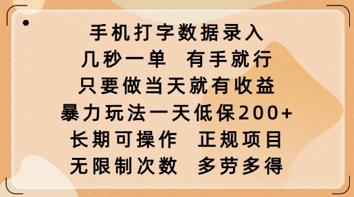 手機打字數據錄入，幾秒一單，有手就行，只要做當天就有收益，暴力玩法一天低保2張
