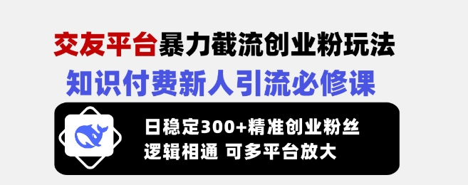 交友平臺暴力截流創業粉玩法，知識付費新人引流必修課，日穩定300+精準創業粉絲，邏輯相通可多平臺放大