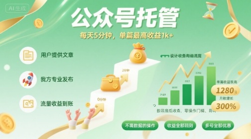 【公眾號托管 】我提供文章，你發布，每天5分鐘，單篇最高收益1k+【揭秘】