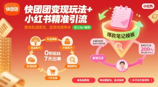 快團團變現玩法+小紅書精準引流技巧，助你真正落地私域賣貨，實現持續掙米