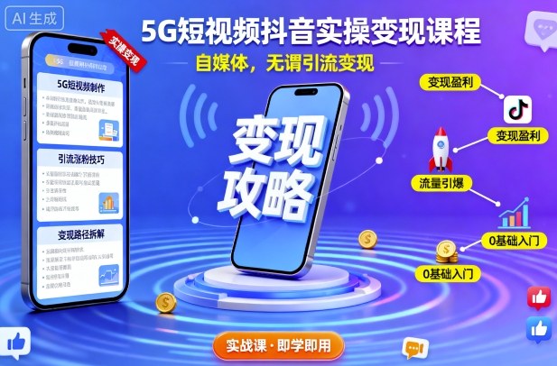 5G短視頻抖音實操變現課程，自媒體，無謂引流變現