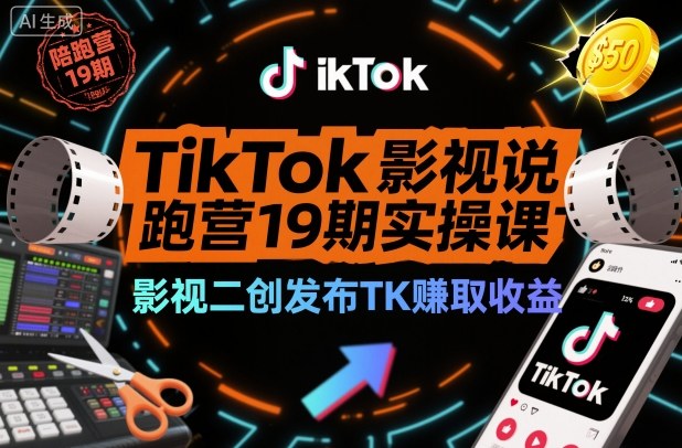 TikTok影視解說陪跑營19期實操課，影視二創(chuàng)發(fā)布TK賺取收益，萬播收益50美金