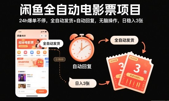 閑魚全自動電影票項目，24h爆單不停，全自動發貨+自動回復，無腦操作，日穩入3張【揭秘】