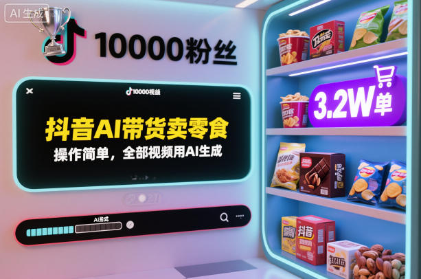 抖音AI帶貨賣零食，操作簡單，全部視頻用AI生成，一萬粉絲，賣了3.2W單