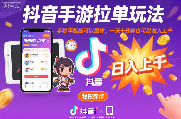 抖音手游拉單玩法，手機平板都可以操作，一天十分鐘也可以收入上K【揭秘】