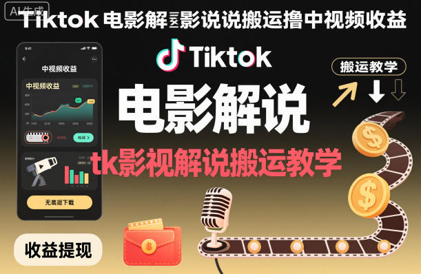 Tiktok電影解說搬運擼中視頻收益，tk影視解說搬運教學