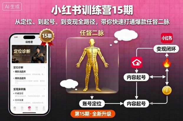 小紅書訓(xùn)練營15期，從定位、到起號、到變現(xiàn)全路徑，帶你快速打通爆款任督二脈