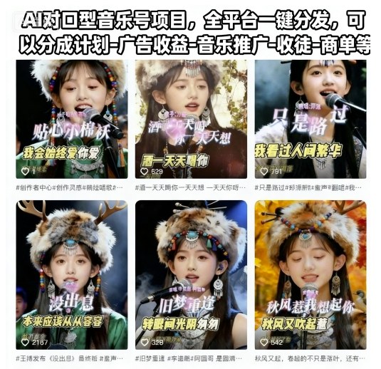AI對口型音樂號項目，全平臺一鍵分發，可以分成計劃-廣告收益-音樂推廣-收徒-商單等