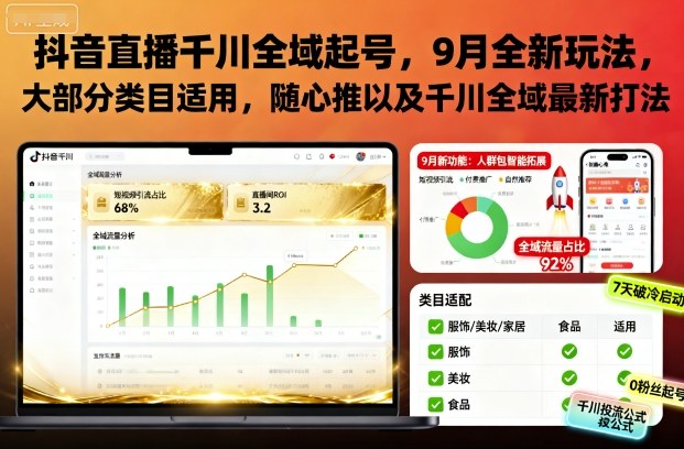 抖音直播千川全域起號(hào)，9月全新玩法，大部分類目適用，隨心推以及千川全域最新打法