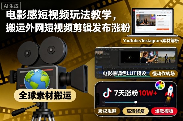 電影感短視頻玩法教學，搬運外網短視頻剪輯發布漲粉