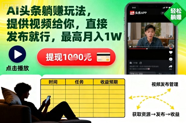 AI頭條躺賺玩法，提供視頻給你，直接發布就行，最高月入1W+【揭秘】