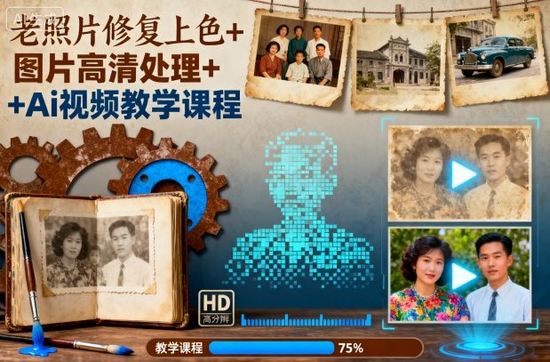 老照片修復上色+圖片高清處理+Ai視頻教學課程