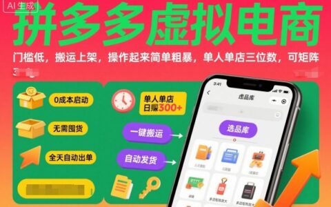 拼多多虛擬電商，門檻低，搬運上架，操作起來簡單粗暴，單人單店三位數，可矩陣