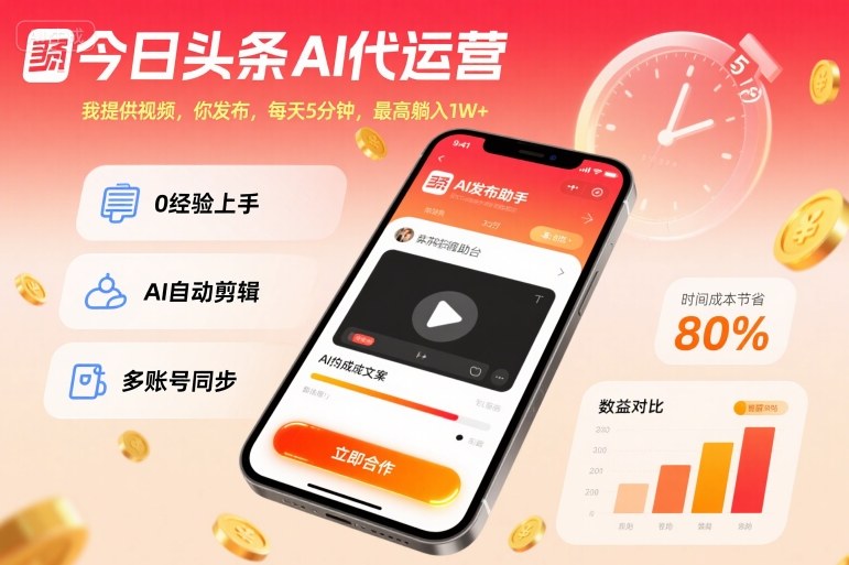 今日頭條AI代運營,我提供視頻,你發(fā)布,每天5分鐘,最高躺入1W+【揭秘】