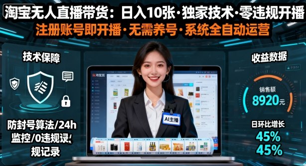 【最新】淘寶無人直播帶貨，日入10張，獨家技術，無違規無封號，注冊賬號直接開播，不用養號【揭秘】