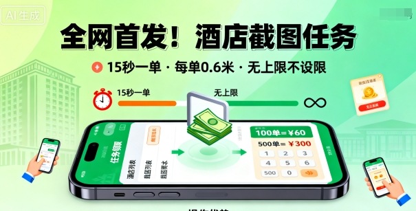 全網首發!酒店截圖任務,15秒一單,每單0.6米,任務無上限不設限,矩陣操作單日3張到手【揭秘】