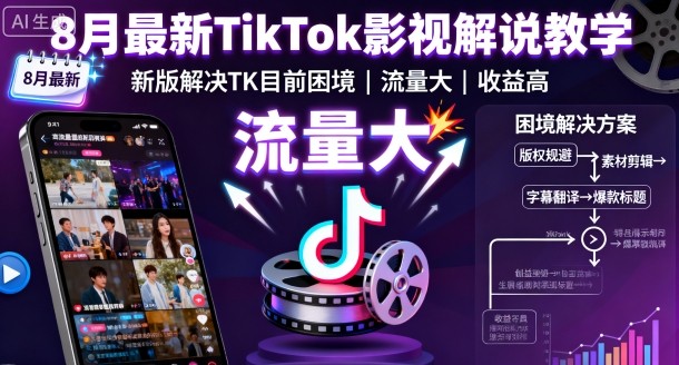 8月最新TikTok影視解說(shuō)教學(xué),新版解決TK目前困境,流量大,收益高