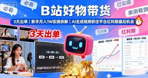 B站好物帶貨,3天出單,新手月入1W實操拆解,AI生成視頻,抓住平臺紅利期最后機會
