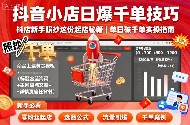 抖音小店日爆千單技巧，抖店新手照抄這份起店秘籍，單日破千單