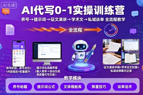 AI代寫0-1實操訓練營，從養號、提示詞、征文演講、學術文，到私域談單的全流程教學