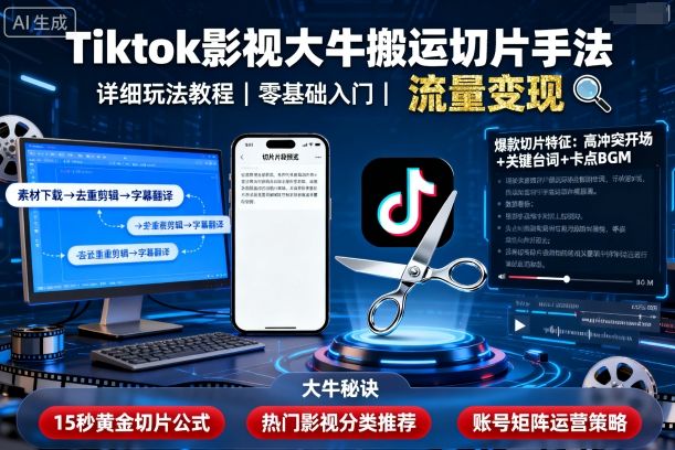 Tiktok影視大牛搬運切片手法，詳細玩法教程