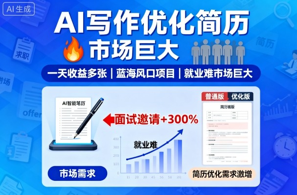 AI寫作優化簡歷，一天收益多張，藍海風口項目，就業難市場巨大
