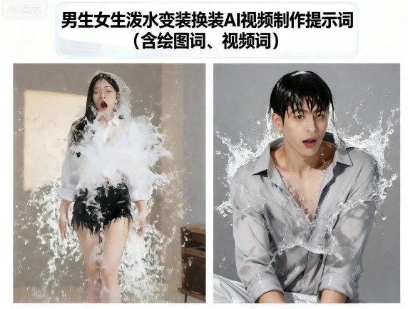 男生女生潑水變裝換裝AI視頻制作提示詞(含繪圖詞、視頻詞)