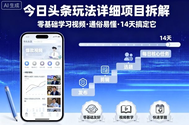 今日頭條玩法詳細項目拆解，零基礎學習視頻 通俗易懂 14天搞定它
