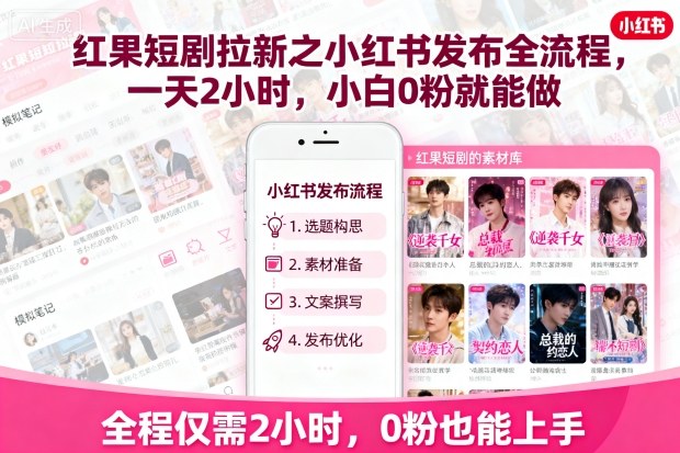 紅果短劇拉新之小紅書(shū)發(fā)布全流程，一天2小時(shí)，小白0粉就能做