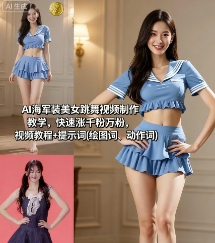 AI海軍裝美女跳舞視頻制作教學(xué)，快速漲千粉萬粉，視頻教程+提示詞(繪圖詞、動作詞)