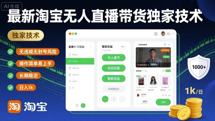 最新淘寶無人直播帶貨獨家技術，無違規無封號風險，操作簡單易上手，長期穩定日入1k【揭秘】