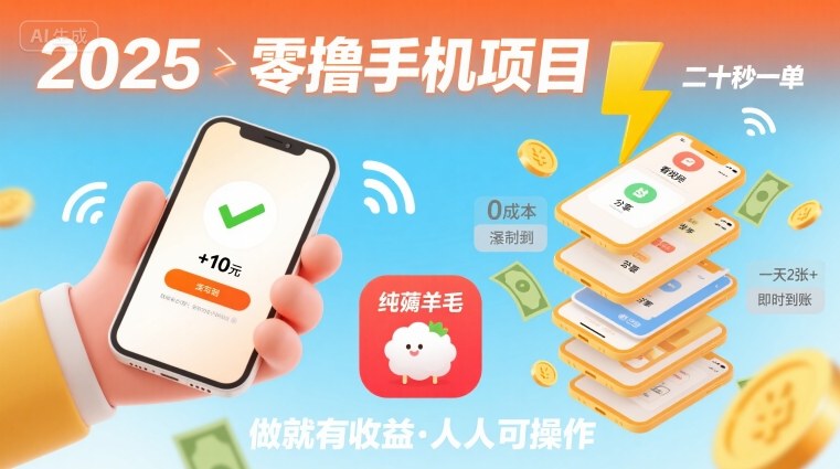 2025年零擼手機項目，二十秒一單，純薅羊毛 一天2張+做就有【揭秘】