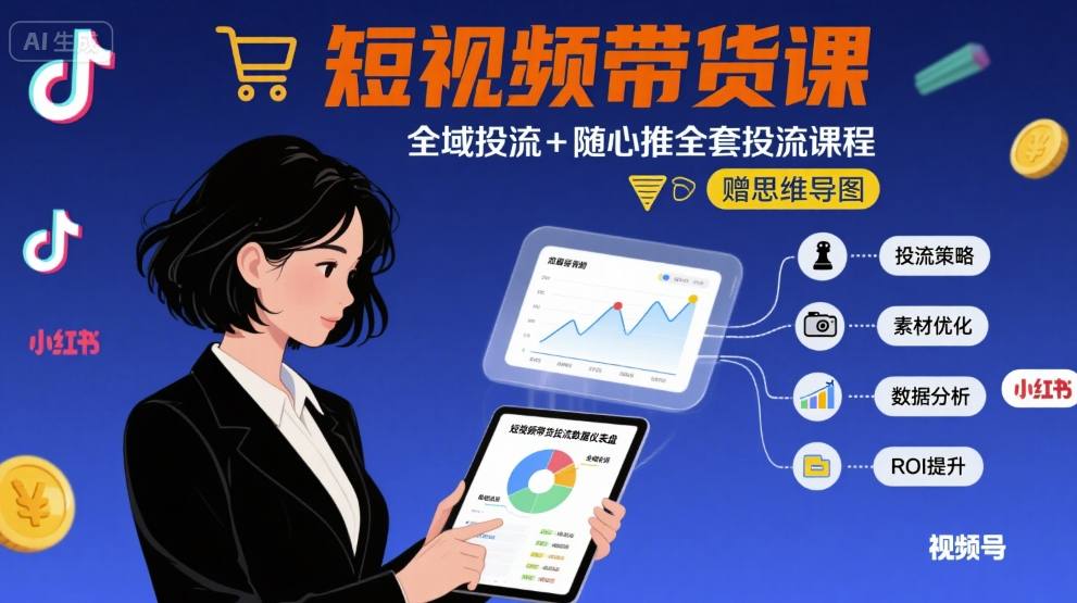 最新短視頻帶貨課，全域投流+隨心推全套投流課程+思維導(dǎo)圖