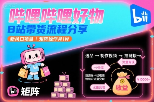 嗶哩嗶哩好物，B站帶貨流程分享，新風口項目，矩陣操作月1W