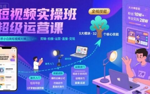 短視頻實(shí)操班超級(jí)運(yùn)營(yíng)課，新手小白到短視頻大神必修課程，剪輯-拍攝-運(yùn)營(yíng)-直播-變現(xiàn)