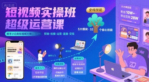短視頻實操班超級運營課，新手小白到短視頻大神必修課程，剪輯-拍攝-運營-直播-變現