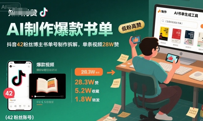 AI制作爆款書單，抖音42粉絲博主書單號制作拆解，單條視頻28W贊