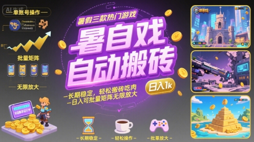 暑假三款熱門游戲自動(dòng)搬磚，長(zhǎng)期穩(wěn)定，輕松搬磚吃肉，日入1k ，可批量矩陣無(wú)限放大【揭秘】
