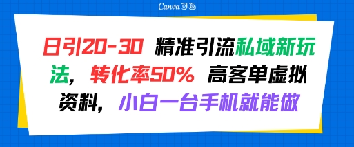 日引 20-30 精準引流私域新玩法，轉化率50% 高客單虛擬資料，小白一臺手機就能做