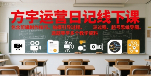 方宇運營日記線下課,包含剪輯制作技巧、拍攝引導過程、起號思維導圖、選題等多個教學資料