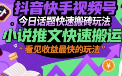 抖音快手視頻號今日話題快速搬磚玩法，小說推文快速搬運，看見收益最快的玩法