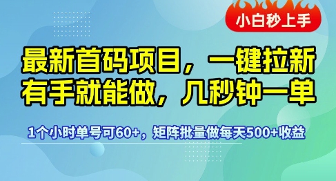 最新首碼項目，一鍵拉新有手就能做，幾秒鐘一單，1個小時單號可60+，矩陣批量做每天5張【揭秘】